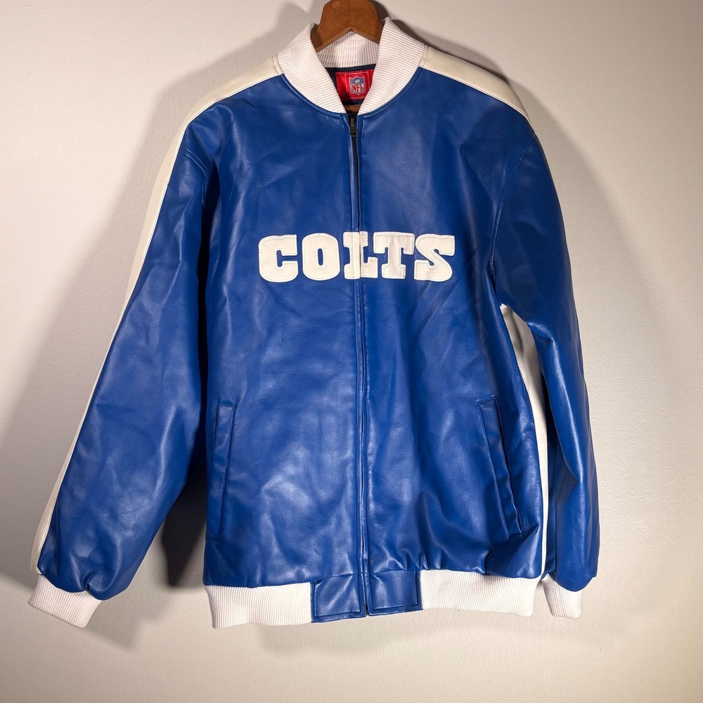 NFL Indianapolis Colts Faux Leather Varsity Bomber Jacket Blue White Mens M